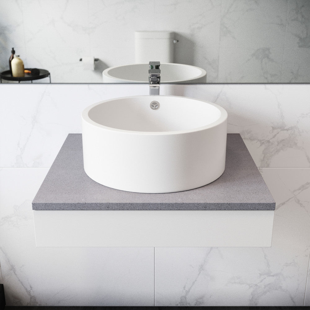 Round white ceramic bathroom vessel sink, Monaco collection.