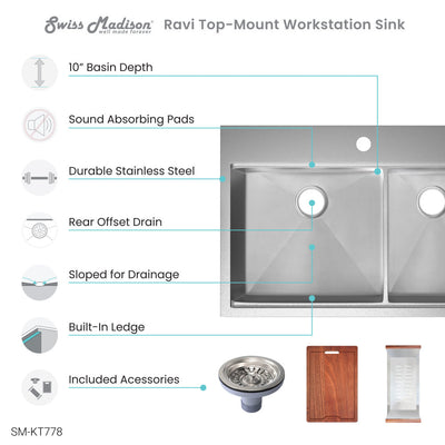 Ravi Dual Basin 33 x 22 Topmount Kitchen Workstation Sink