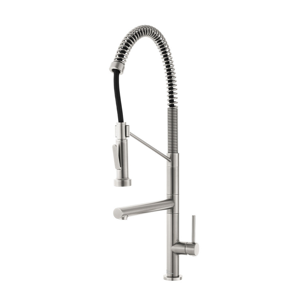 Single handle pull-down kitchen faucet with pot filler in brushed nickel finish.