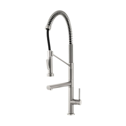 Single handle pull-down kitchen faucet with pot filler in brushed nickel finish.