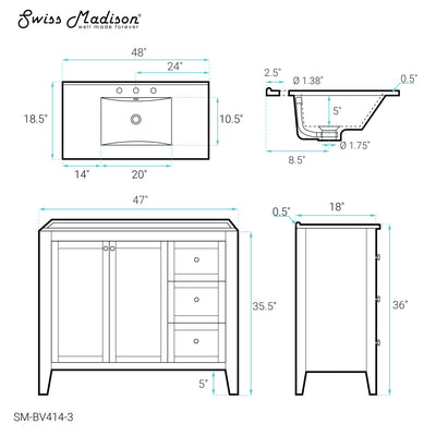 Cannes 48 in. White Bathroom Vanity With White, 3-Hole Ceramic Sink Top