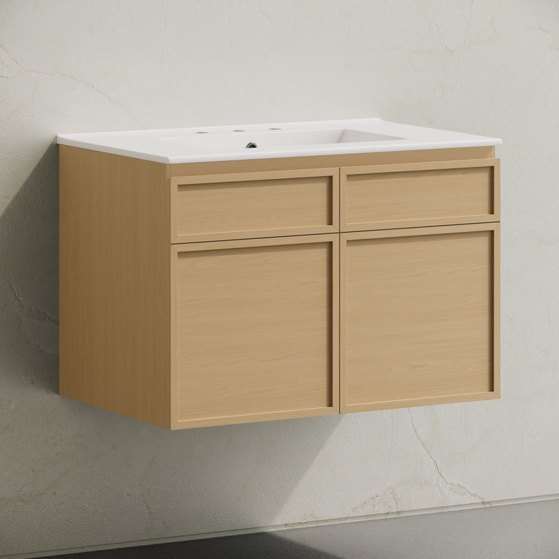 St. Tropez 30" Wall-Mounted Bathroom Vanity in Natural Oak with 3-Hole Widespread Sink Top