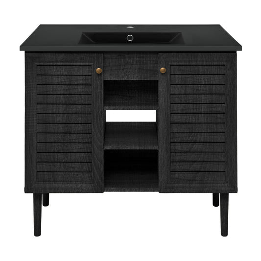 Bron 36" Freestanding Bathroom Vanity in Black Oak with Black Sink Top