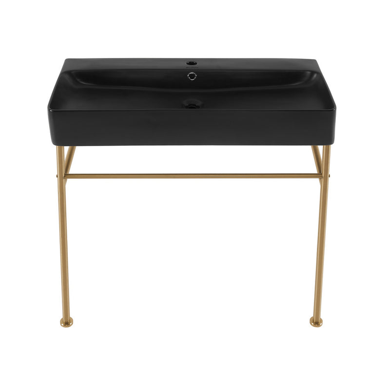 Carre 36 Ceramic Console Sink Matte Black Basin Brushed Gold Legs