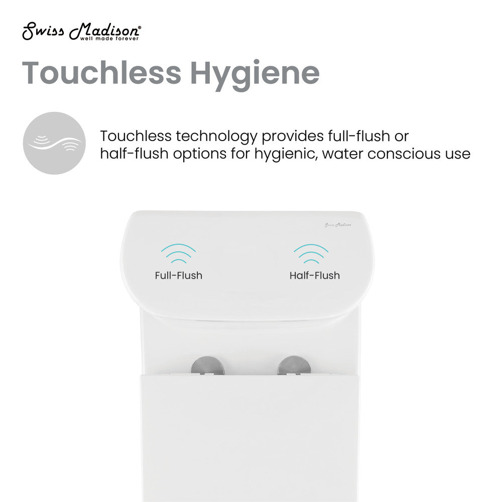 Touchless dual-flush one-piece toilet tank with full-flush and half-flush buttons.