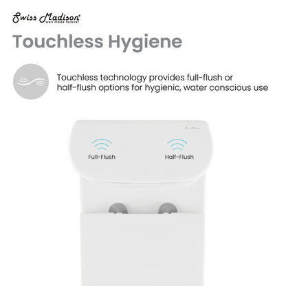 Touchless dual-flush one-piece toilet tank with full-flush and half-flush buttons.