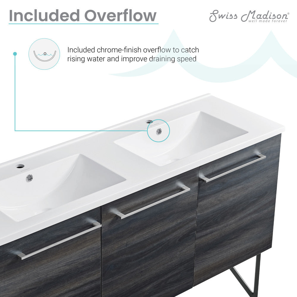 60-inch freestanding bathroom vanity in black walnut with single sink and soft-close doors.