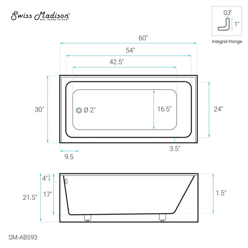 Voltaire 60 x 30 Skirted Left Drain Soaking Alcove Bathtub in Glossy White