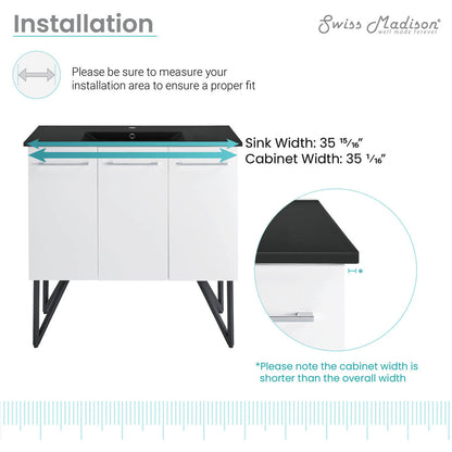 Annecy 36 in. White Bathroom Vanity With Black Ceramic Sink Top