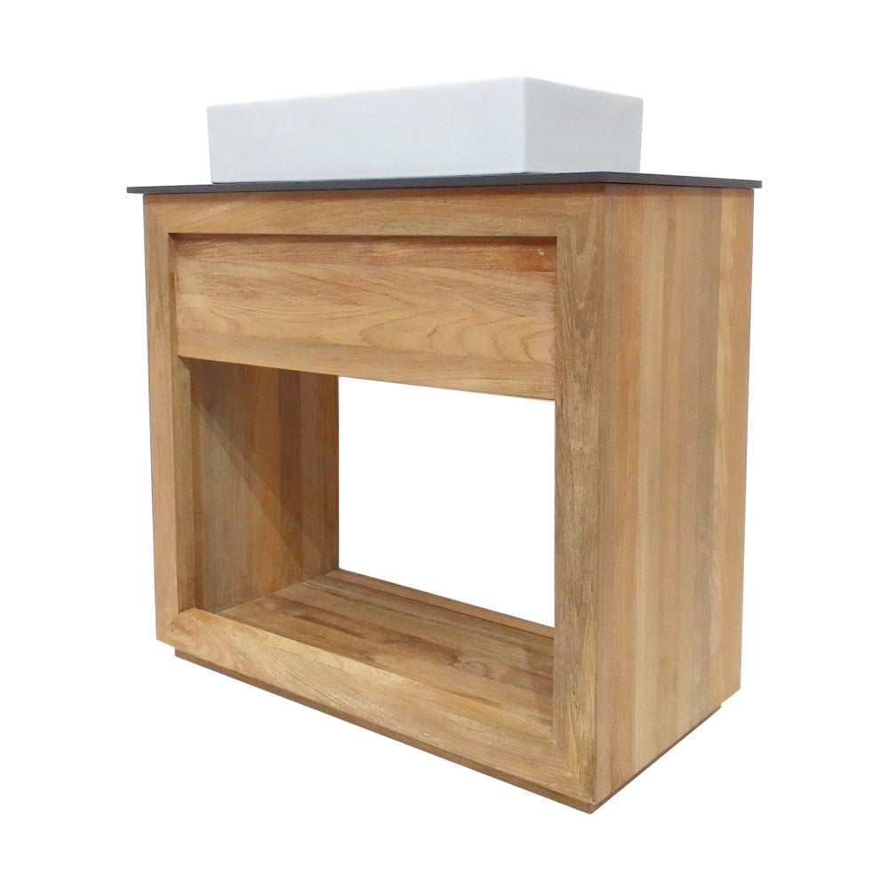 36-inch freestanding bathroom vanity in natural teak with single white rectangular sink top.