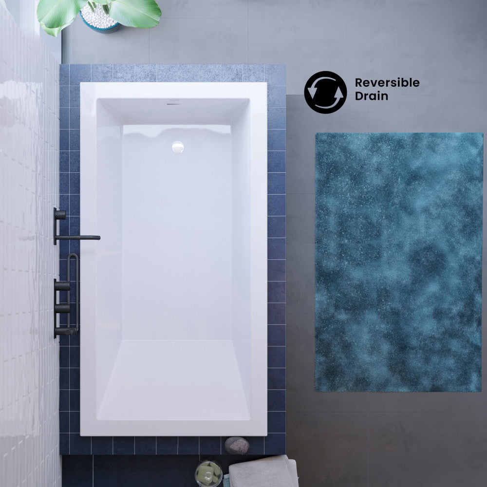 Voltaire 60 x 36 Reversible Drain Soaking Drop-in Bathtub in Glossy White with Integrated Overflow, Drain Included