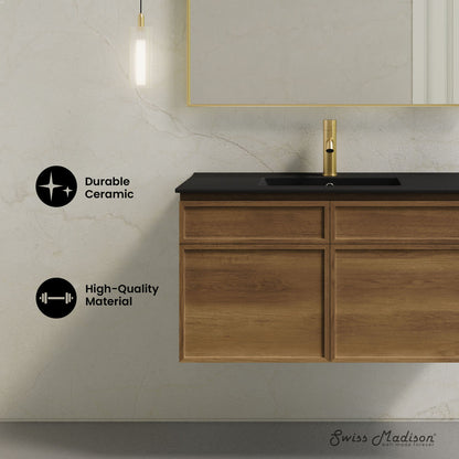 St. Tropez 36" Wall-Mounted Bathroom Vanity in Brown Oak with Black Sink Top