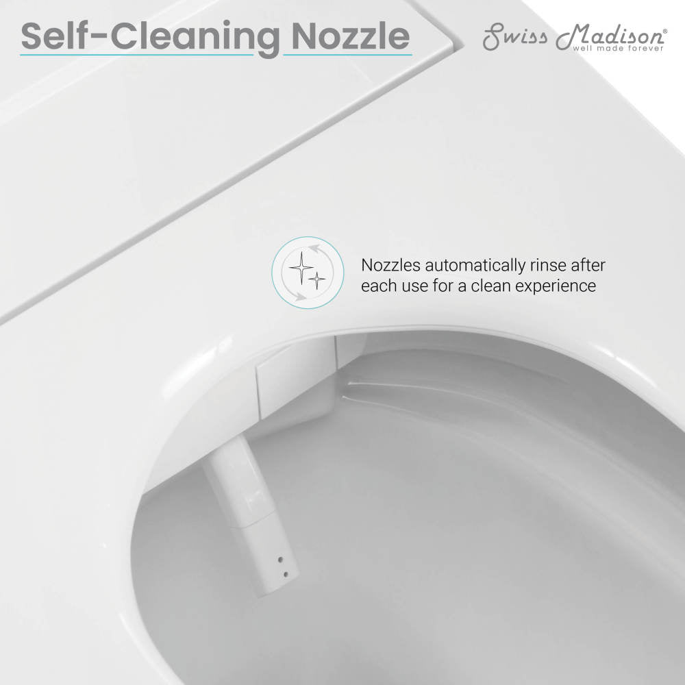 White smart toilet with self-cleaning nozzle and elongated bowl, left side flush handle.