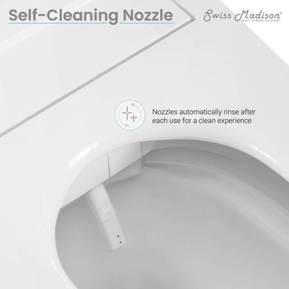 White smart toilet with self-cleaning nozzle and elongated bowl, left side flush handle.