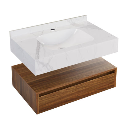 Avancer 36" Wall-Mounted Bathroom Vanity in Brown Oak with White Marble Sink Top