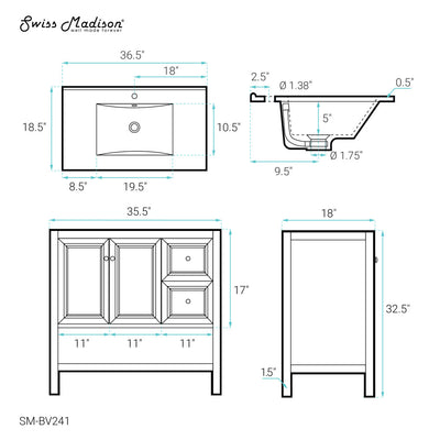 Château 36" Freestanding Bathroom Vanity in Golden Oak with Sink Top