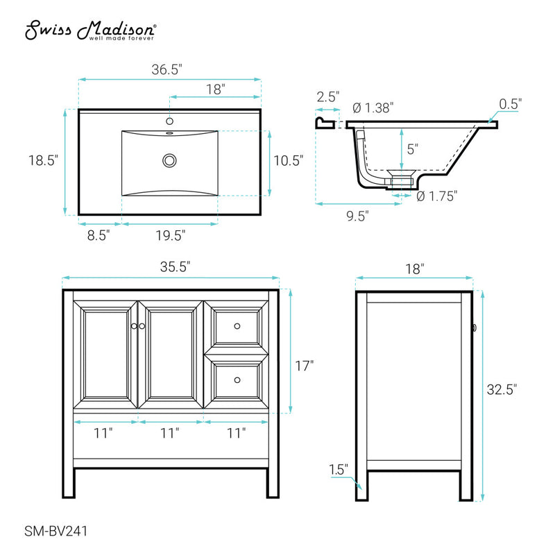 Château 36" Freestanding Bathroom Vanity in Golden Oak with Sink Top