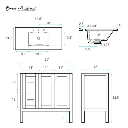 Forme 36" Modular Freestanding Bathroom Vanity with 3-Hole Widespread Top in White