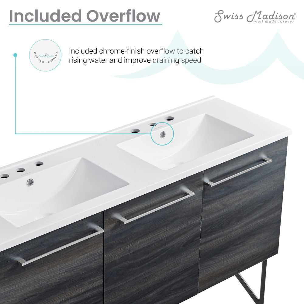 Annecy 60 in. Black Walnut, Double Basin Bathroom Vanity With White, 3-Hole Artificial Stone Sink Top