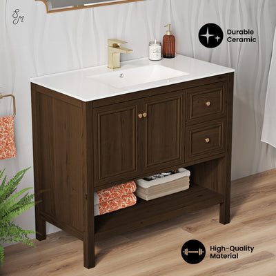 Château 36" Freestanding Bathroom Vanity in Brown Oak with Sink Top