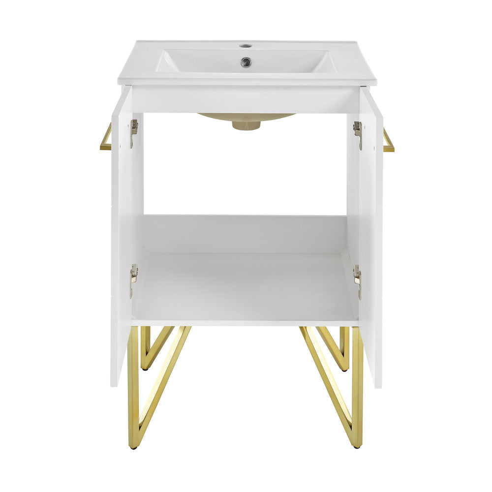 24-inch freestanding bathroom vanity in galaxy white with single sink and gold metal legs.