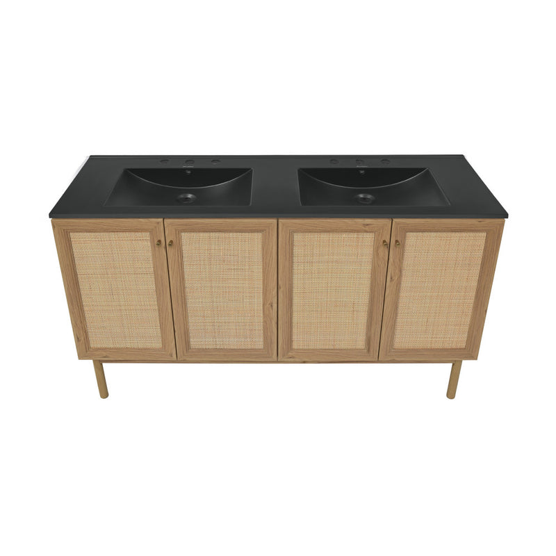 Classe 60" Freestanding Bathroom Vanity in Golden Oak with Black 3-Hole Widespread Double Basin Sink Top