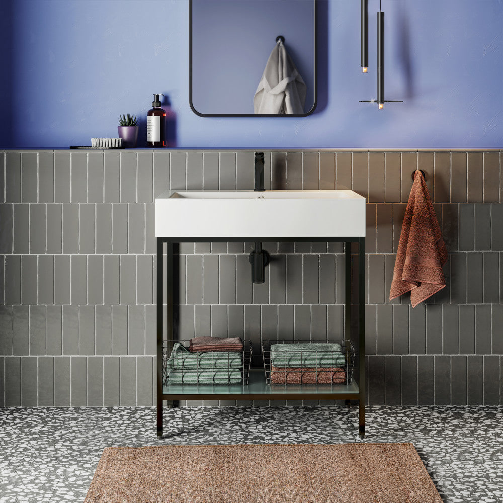 32-inch freestanding bathroom vanity with black metal frame, open shelf design, and white rectangular sink top.