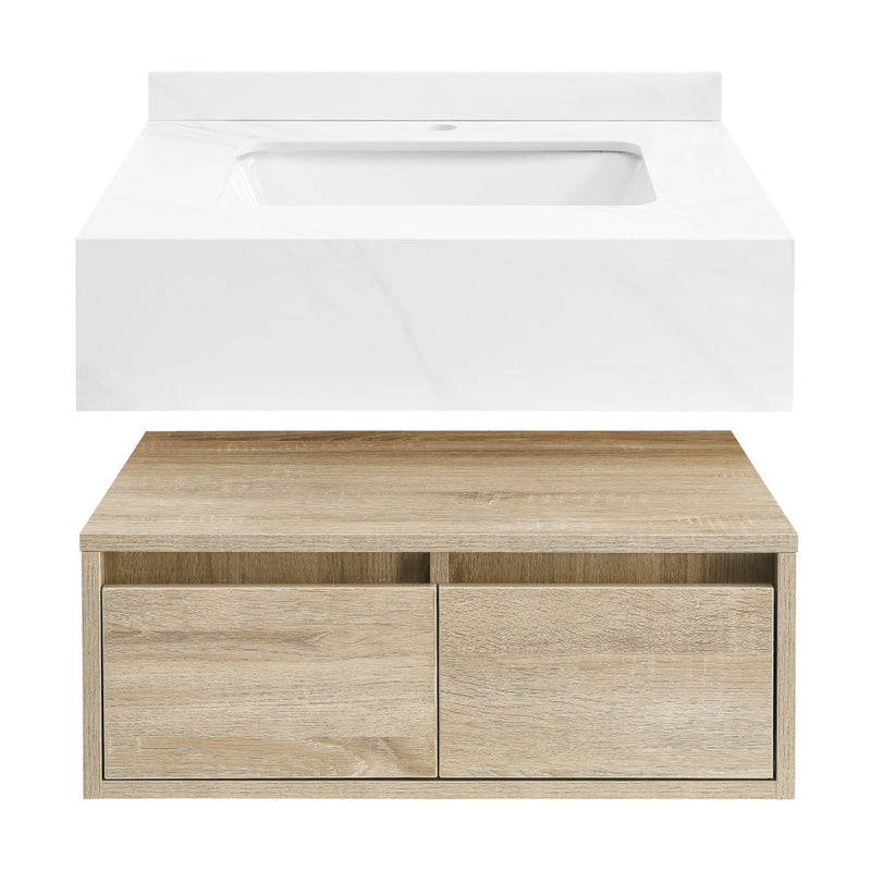 Avancer 24" Wall-Mounted Bathroom Vanity in Calacatta and White Oak