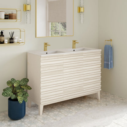 Cascade 48" Freestanding Bathroom Vanity in White Oak with Double Basin Sink Top