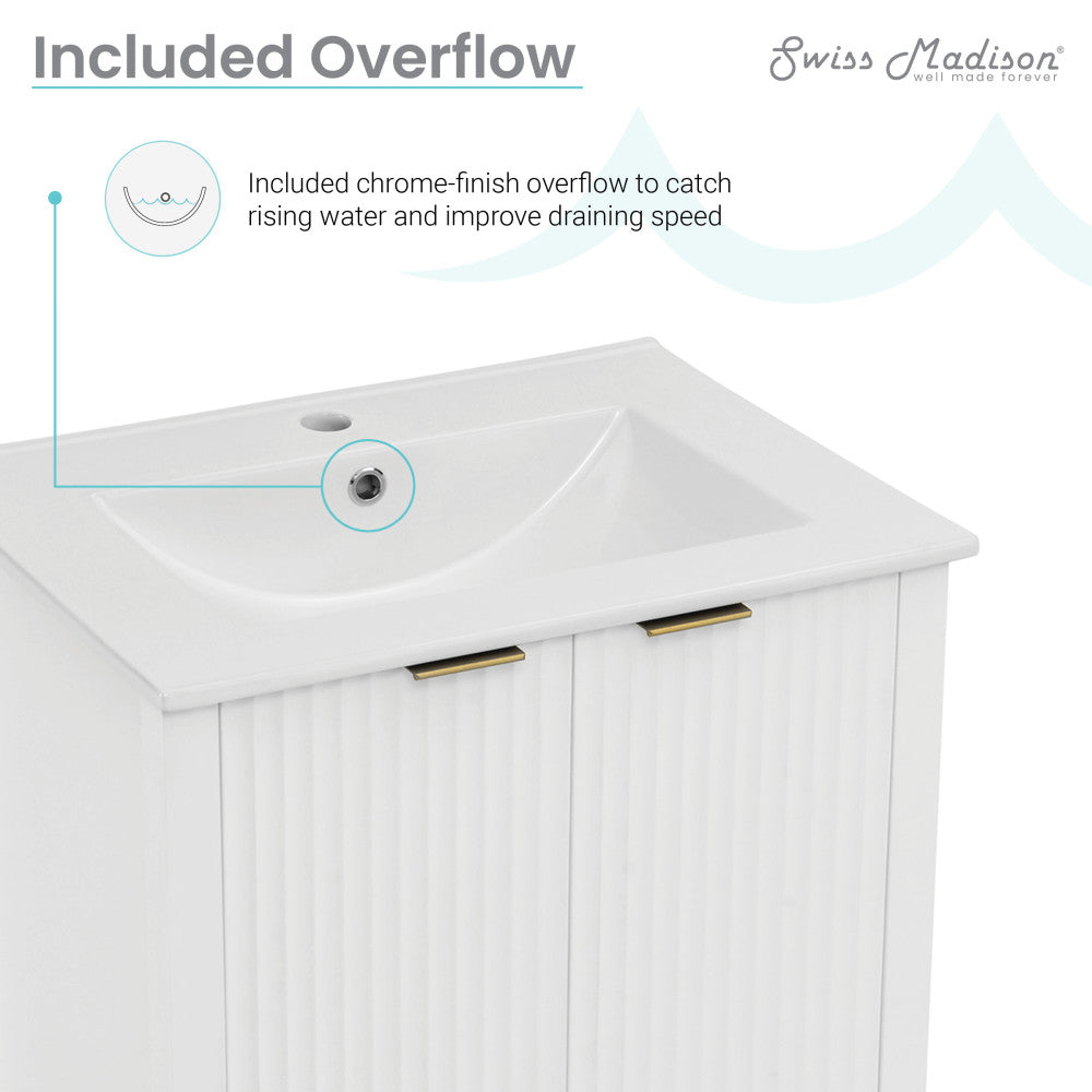 24-inch freestanding bathroom vanity in white with single sink and soft-close doors.