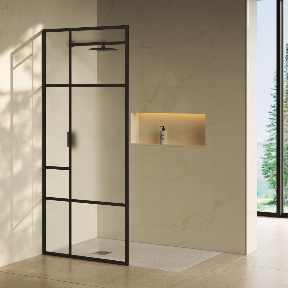 Leiden 34 x 76 Framed Fixed 3/8 in. (10mm) Frosted Tempered Glass Shower Door with Matte Black Frame