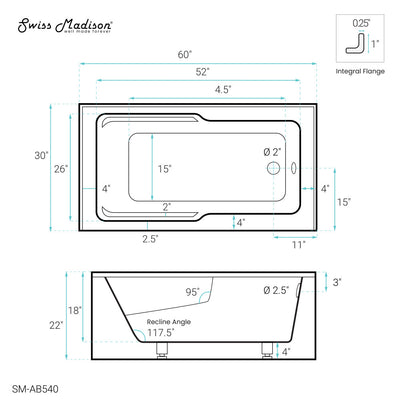 Voltaire 60" x 30" Right-Hand Drain Alcove Bathtub with Apron and Armrest