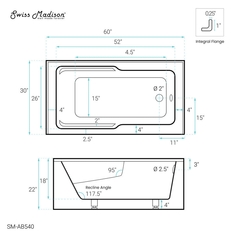 Voltaire 60" x 30" Right-Hand Drain Alcove Bathtub with Apron and Armrest