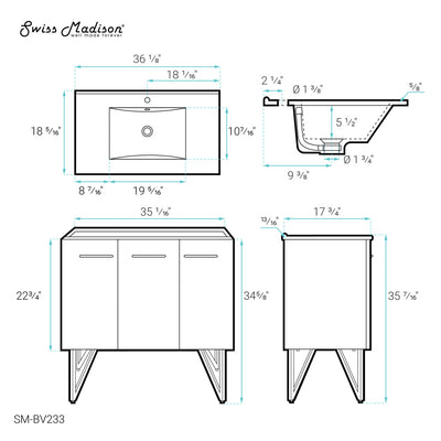 Annecy 36" Freestanding Bathroom Vanity in Gray with Sink Top