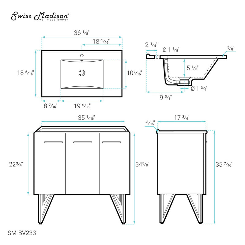 Annecy 36" Freestanding Bathroom Vanity in Gray with Sink Top