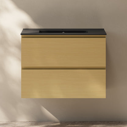 Liberte 30" Wall-Mounted Bathroom Vanity in Natural Oak with Black Sink Top