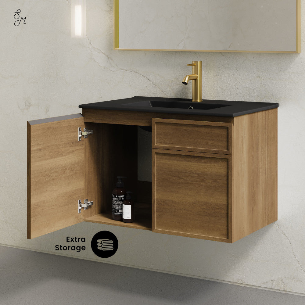 St. Tropez 30" Wall-Mounted Bathroom Vanity in Brown Oak with Black Sink Top