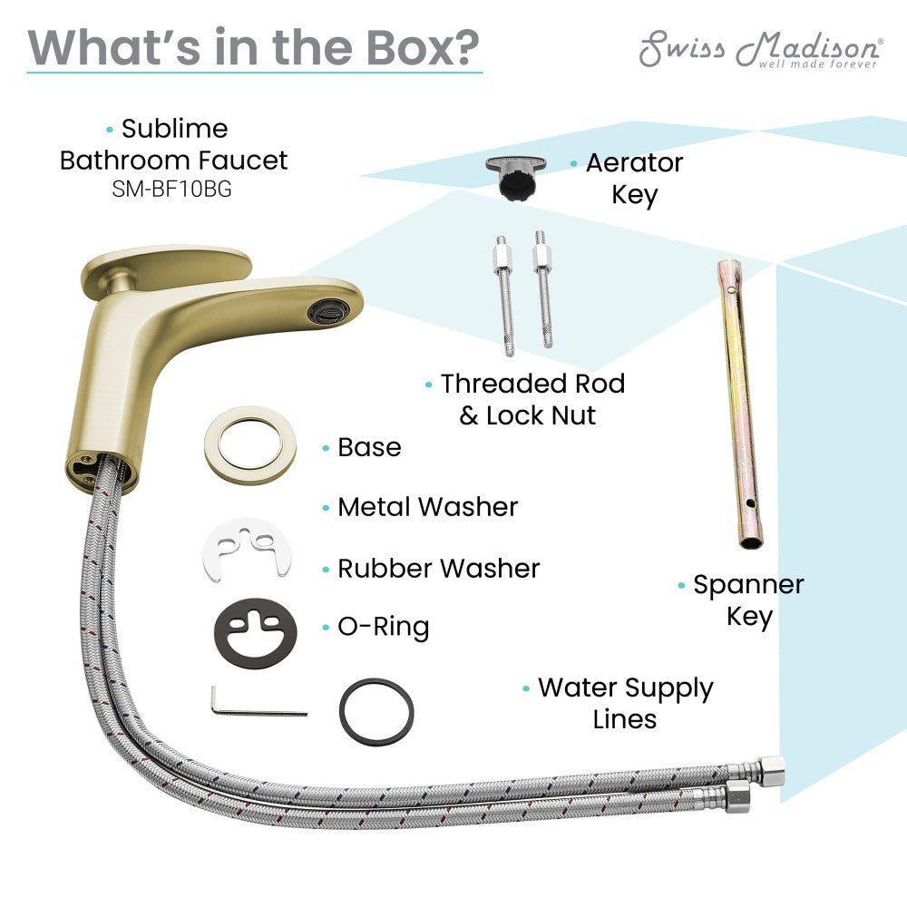 Single-handle bathroom faucet in brushed gold, single hole installation with curved spout and lever handle.
