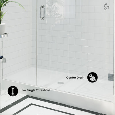 Voltaire 60" x 34" Acrylic White, Single-Threshold, Center Drain, Shower Base