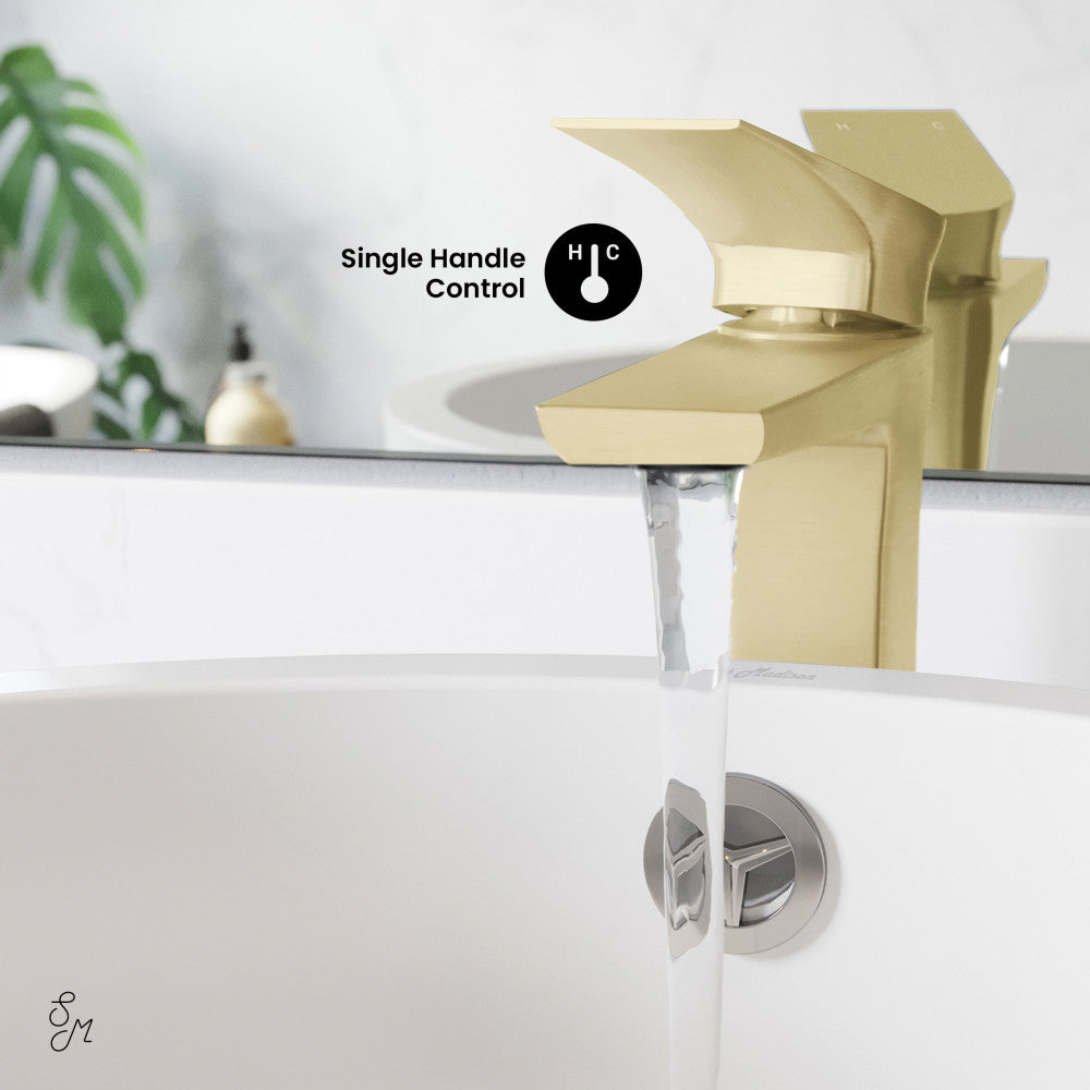 Single-handle high arc bathroom faucet in brushed gold, Monaco collection, water flowing from spout.