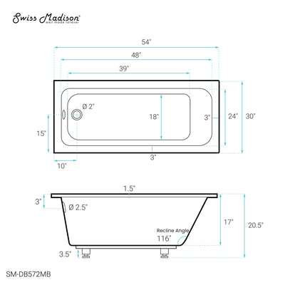 Voltaire 54" x 30" Reversible Drain Drop-In Bathtub in Matte Black