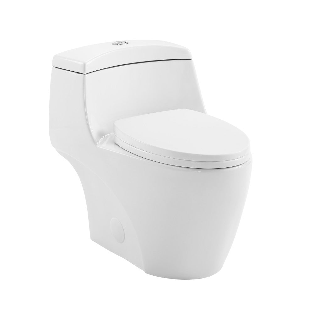 Elongated one-piece toilet in white with dual-flush buttons and skirted trapway design.