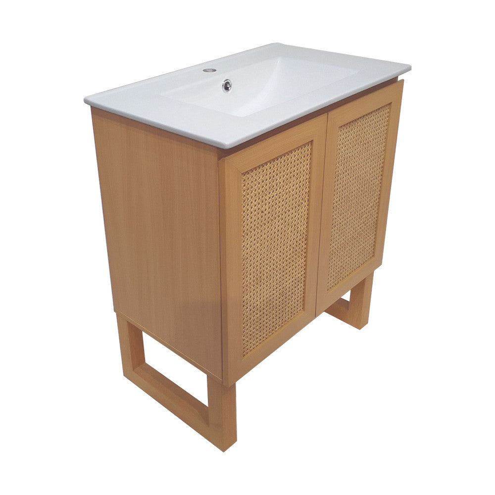 30-inch freestanding natural oak bathroom vanity with single sink and white top.