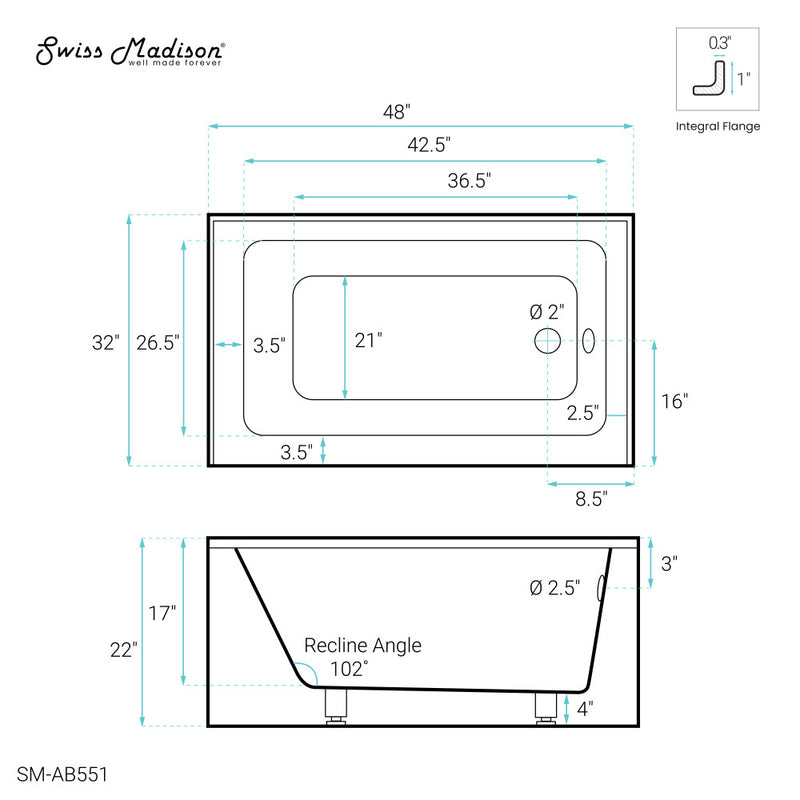 Voltaire 48" x 32" Right-Hand Drain Alcove Bathtub with Apron