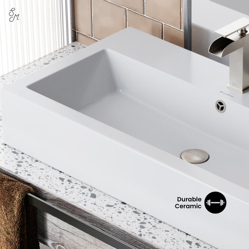 Voltaire 32" Rectangle Vessel Sink in Glossy White with Faucet Mount