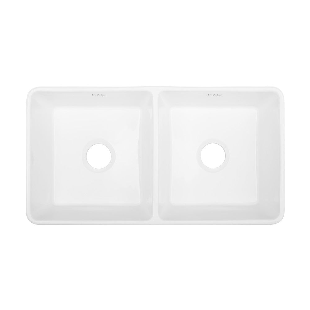 34-inch double basin ceramic farmhouse kitchen sink in glossy white with apron front.