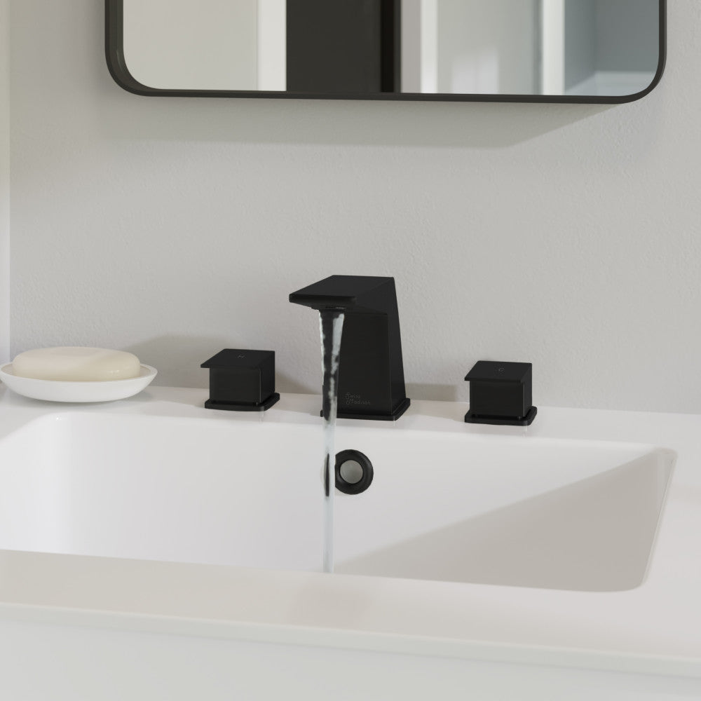 Widespread bathroom faucet in matte black, 2-handle modern design with angular spout and separate handles.