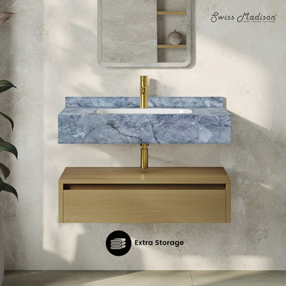 Avancer 36" Wall-Mounted Bathroom Vanity in Natural Oak with Blue Celeste Sink Top