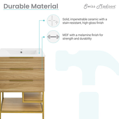 24-inch freestanding bathroom vanity in golden oak with single sink and open shelf.