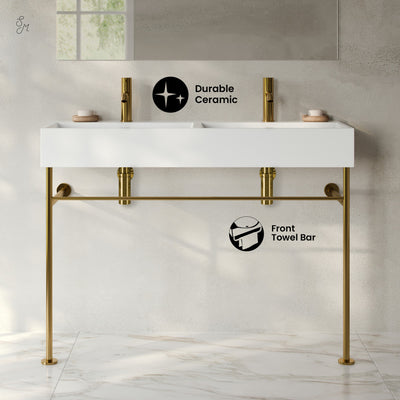 Claire 48" Double Basin Console Sink with Glossy Gold Legs